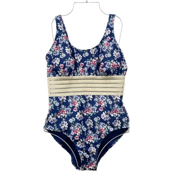 Nicole Miller Navy Floral Shimmer-Band One-Piece Swimsuit Women’s Size Large - Picture 2 of 12
